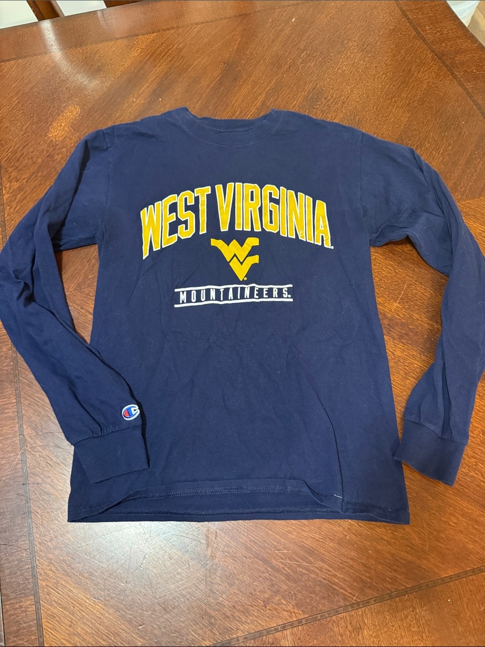 Champion Navy West Virginia Mountaineers Long Sleeve Tee with Yellow Logo